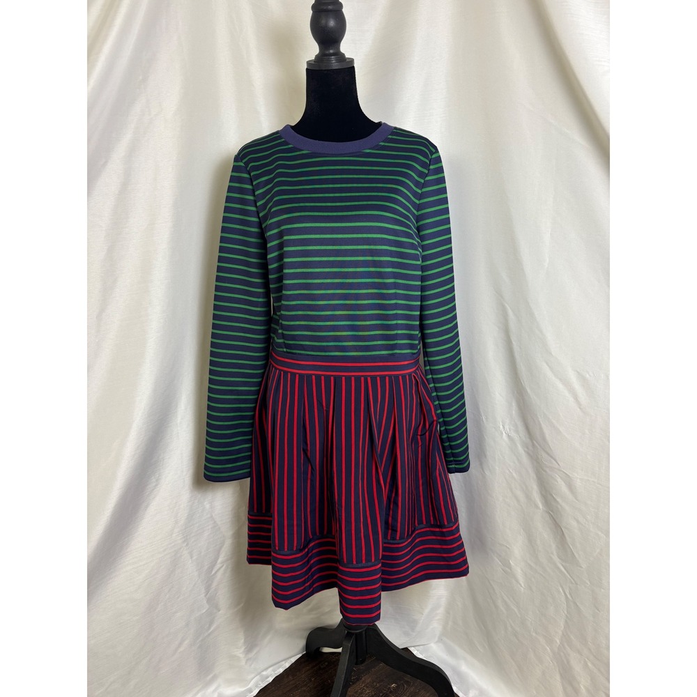 LDT Mixed Stripe Long Sleeve Dress Womens 12 Navy Green Red NWT Fit Flare Mod